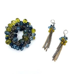 Blue Green Beaded Bracelet and Earring Set with Silver Chain Dangle Earrings